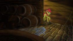 Size: 1191x670 | Tagged: safe, artist:hyper dash, apple bloom, earth pony, pony, g4, barrel, cellar, female, filly, solo