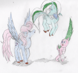 Size: 718x678 | Tagged: safe, artist:tuxedo-guy2, ice crystal, spike, wind whistler, dragon, g1, g4, female, group, male, traditional art