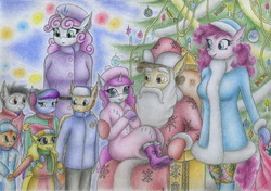 Size: 2329x1641 | Tagged: safe, artist:sinaherib, cheese sandwich, pinkie pie, sweetie belle, oc, oc:amber earring, oc:rainfall, oc:snow blossom, oc:summer wind, oc:sunstone, anthro, g4, anthro oc, bundled up, christmas tree, clothes, coat, costume, cute, hat, next generation, offspring, older, parent:big macintosh, parent:cheese sandwich, parent:fluttershy, parent:pinkie pie, parent:rainbow dash, parent:soarin', parents:cheesepie, parents:fluttermac, parents:soarindash, santa claus, santa costume, sitting, smiling, traditional art, tree, winter outfit