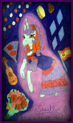 Size: 1077x1808 | Tagged: safe, artist:applejack-1982, sparkler (g1), g1, clothes, dress, fan, female, flag, flamenco, flower, guitar, musical instrument, rose, solo, spain, tambourine, traditional art