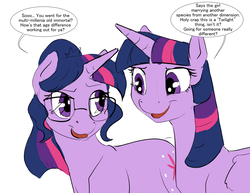 Size: 1280x989 | Tagged: safe, artist:silfoe, sci-twi, twilight sparkle, alicorn, pony, unicorn, royal sketchbook, equestria girls, g4, crossover, dialogue, equestria girls ponified, glasses, implied lesbian, implied scitwishimmer, implied shipping, implied sunsetsparkle, implied twiluna, open mouth, ponified, ponytail, self ponidox, simple background, smiling, twilight sparkle (alicorn), twolight, unicorn sci-twi