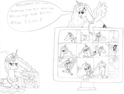 Size: 3125x2358 | Tagged: safe, artist:supahdonarudo, princess celestia, princess luna, alicorn, pony, g4, broken, butt, celestia is not amused, cracked, dialogue, drawing, flag, grand dad, high res, monochrome, multeity, plot, television, traditional art