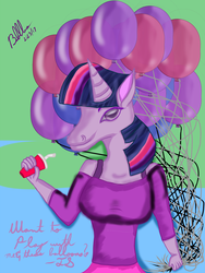 Size: 1050x1400 | Tagged: safe, artist:loonerbubbles, twilight sparkle, anthro, g4, balloon, balloon fetish, bra, clothes, female, party balloon, skirt, solo, underwear, wat