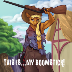 Size: 900x900 | Tagged: safe, artist:alorix, applejack, anthro, g4, armpits, army of darkness, ash williams, boomstick, clothes, commission, crossover, evil dead, female, glare, gun, muscles, no trigger discipline, ponyville, shotgun, torn clothes, weapon