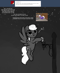 Size: 1247x1515 | Tagged: safe, artist:nimaru, oc, oc only, unnamed oc, pegasus, pony, ask, candle, female, flying, lamppost, mare, monochrome, night, solo, stars, tumblr