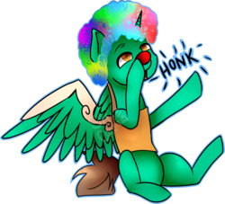 Size: 1165x1059 | Tagged: safe, artist:i-take-free-requests, oc, oc only, oc:frost d. tart, alicorn, pony, alicorn oc, clown, clown nose, clown wig, honk, onomatopoeia, rainbow wig, red nose, silly, simple background, solo, transparent background