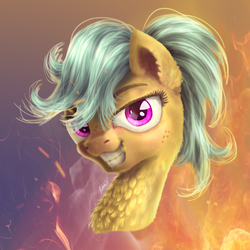 Size: 1024x1024 | Tagged: safe, artist:helmie-art, oc, oc only, earth pony, pony, abstract background, bust, female, grin, looking at you, mare, neck fluff, portrait, smiling, solo