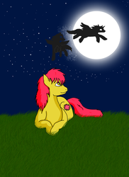 Size: 1700x2337 | Tagged: safe, artist:ayakemono, brightglow, dazzleglow, patch (g1), alicorn, earth pony, pegasus, pony, g1, my little pony tales, grass, moon, night, silhouette, solo focus, trio