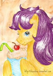 Size: 1397x1991 | Tagged: safe, artist:chiuuchiuu, bon bon (g1), earth pony, pony, g1, my little pony tales, cherry, colored pencil drawing, drinking straw, female, food, looking at you, milkshake, pencil drawing, smiling, solo, traditional art