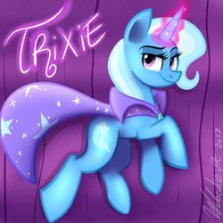 Size: 1024x1024 | Tagged: dead source, safe, artist:wubcakeva, trixie, pony, unicorn, g4, cape, clothes, female, lidded eyes, looking at you, mare, smiling, solo, trixie's cape
