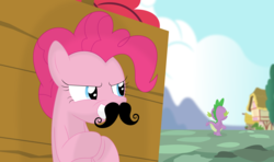 Size: 3564x2112 | Tagged: safe, artist:porygon2z, pinkie pie, spike, dragon, g4, facial hair, high res, moustache