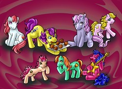 Size: 983x714 | Tagged: safe, artist:lord-evell, bon bon (g1), bright eyes, clover (g1), melody, patch (g1), starlight (g1), sweetheart, earth pony, pony, g1, my little pony tales, 7 pony friends, baking sheet, female, food, guitar, hoof hold, muffin