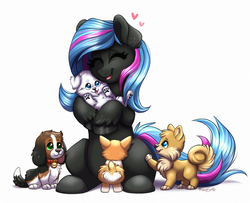 Size: 1038x841 | Tagged: safe, artist:confetticakez, oc, oc only, oc:obabscribbler, dog, earth pony, pony, commission, cute, eyes closed, female, heart, hnnng, hug, mare, multicolored hair, ocbetes, open mouth, paw pads, puppy, simple background, sitting, smiling, white background