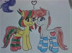 Size: 587x432 | Tagged: safe, artist:kenos, oc, oc only, oc:attraction, oc:ponepony, attypone, clothes, female, femboy, heart, male, shipping, socks, straight, striped socks, traditional art, trap