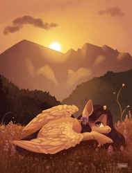 Size: 1850x2439 | Tagged: safe, artist:domidelance, oc, oc only, pegasus, pony, flower, flower in hair, looking at you, mountain, scenery, solo, sunset