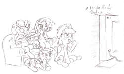 Size: 1996x1186 | Tagged: artist needed, source needed, safe, applejack, pinkie pie, rainbow dash, rarity, earth pony, pegasus, pony, unicorn, g4, couch, hokuto no ken, pencil drawing, sketch, television, traditional art