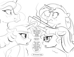 Size: 1280x989 | Tagged: safe, artist:silfoe, princess luna, sci-twi, sunset shimmer, twilight sparkle, alicorn, pony, unicorn, royal sketchbook, g4, black and white, dialogue, drunk, drunk luna, drunk twilight, equestria girls ponified, female, floppy ears, glasses, glowing horn, grayscale, horn, lesbian, magic, monochrome, ponified, ship:sci-twishimmer, ship:sunsetsparkle, ship:twiluna, shipping, simple background, sketch, twilight sparkle (alicorn), twolight, unicorn sci-twi, white background