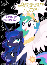 Size: 3445x4823 | Tagged: safe, artist:darkest-lunar-flower, princess celestia, princess luna, alicorn, pony, g4, absurd resolution, big sislestia, bipedal, blushing, celestia is amused, cuddling, cute, embarrassed, female, frown, glare, gritted teeth, hape, height difference, holding a pony, hug, insult, luna is not amused, open mouth, personal space invasion, sibling love, siblings, sisterly love, sisters, size difference, smiling, snuggling, spread wings, sternocleidomastoid, varying degrees of amusement, varying degrees of want