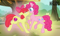 Size: 1127x685 | Tagged: safe, artist:mixelfangirl100, apple bloom, pinkie pie, earth pony, pony, g4, blushing, cutie mark, eyes closed, female, floppy ears, lesbian, pinkiebloom, raised hoof, raised leg, scenery, shipping, the cmc's cutie marks