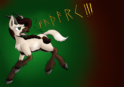 Size: 1024x724 | Tagged: safe, artist:darkhestur, oc, oc only, oc:thyra, hybrid, pony, elder futhark, futhark, goat-pony, horns, one word, runes, simple background, solo, unshorn fetlocks, yelling