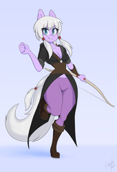 Size: 1175x1725 | Tagged: safe, artist:skecchiart, oc, oc only, earth pony, anthro, plantigrade anthro, anthro oc, bow (weapon), cleavage, clothes, commission, female, looking at you, mare, smiling, solo, wide hips