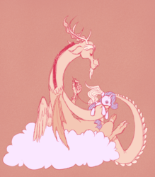 Size: 700x800 | Tagged: safe, artist:salvicorn, discord, rarity, g4, cloud, eyes closed, female, on a cloud, plushie, red background, sewing, simple background, sitting, smiling, solo