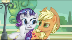 Size: 1360x768 | Tagged: safe, artist:cloudyhills, applejack, rarity, g4, female, lesbian, scene interpretation, ship:rarijack, shipping