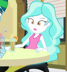 Size: 772x831 | Tagged: safe, screencap, captain planet, paisley, equestria girls, g4, :|, clothes, confused, cropped, drink, female, floral print, food, jeans, milkshake, offscreen character, offscreen human, orange, pants, sleeveless, solo, table, tank top, wide eyes