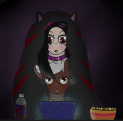 Size: 1263x1242 | Tagged: safe, artist:lazerblues, oc, oc only, oc:cherry cordial, oc:hiki, satyr, blanket, cat ears, chips, choker, collar, computer, food, laptop computer, nachos, parent:oc:miss eri, soda