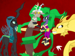 Size: 1024x768 | Tagged: safe, artist:turkleson, adagio dazzle, discord, mane-iac, queen chrysalis, changeling, changeling queen, draconequus, earth pony, pony, siren, g4, bugbutt, butt, chrysalass, discord gets all the mares, female, femdom, male, malesub, mare, ship:discolis, ship:manecord, shipping, straight, subcord, submissive