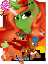 Size: 6000x8000 | Tagged: safe, artist:handmantoot, oc, oc only, earth pony, pegasus, pony, unicorn, absurd resolution, bandana, cowboy hat, female, hat, looking at you, male, mare, poster, smiling, stallion, stetson, trio