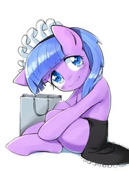 Size: 1536x2048 | Tagged: safe, artist:30clock, tote bag (g4), earth pony, pony, g4, clothes, female, maid, mare, simple background, sitting, smiling, solo