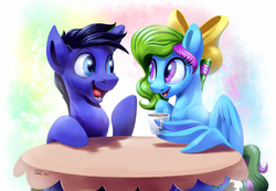 Size: 1200x828 | Tagged: safe, artist:tsitra360, oc, oc only, earth pony, pegasus, pony, bow, commission, cup, drink, duo, female, hair bow, looking at each other, male, mare, open mouth, stallion, table, talking