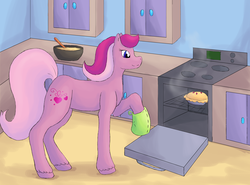 Size: 2243x1664 | Tagged: safe, artist:rikakitty, sweet berry, earth pony, pony, g2, female, food, oven, pie, solo, unshorn fetlocks