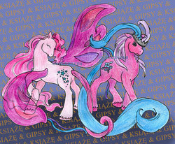 Size: 900x742 | Tagged: safe, artist:wielkiduchii, morning glory (g2), princess twinkle star, earth pony, pony, g2, 2012, alternate name, beard, crown, duo, duo male and female, facial hair, fairy wings, female, goatee, jewelry, long tail, male, mare, obtrusive watermark, one wing out, regalia, rule 63, stallion, tail, text, traditional art, transparent wings, watermark, wings