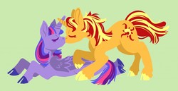 Size: 1280x663 | Tagged: safe, artist:lucheek, sunset shimmer, twilight sparkle, alicorn, pony, unicorn, g4, crossed horns, eyes closed, female, horn, horns are touching, kissing, lesbian, ship:sunsetsparkle, shipping, simple background, twilight sparkle (alicorn)