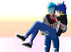Size: 1600x1163 | Tagged: safe, artist:supermaxx92, flash sentry, thunderbass, equestria girls, g4, bridal carry, carrying, couple, gay, lifting, male, rocker, shipping, thunderflash, yaoi hands
