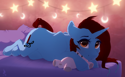 Size: 1300x800 | Tagged: safe, artist:silentwulv, oc, oc only, oc:dess, pony, unicorn, bed, cute, looking at you, pillow, solo, stars, teddy bear