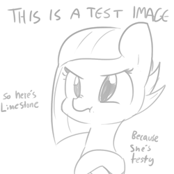 Size: 1080x1080 | Tagged: safe, artist:tjpones, derpibooru exclusive, limestone pie, earth pony, pony, g4, angry, crossed hooves, cute, female, grayscale, limabetes, monochrome, nose wrinkle, pun, scrunchy face, simple background, sketch, solo, test, white background