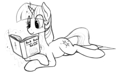 Size: 859x526 | Tagged: safe, artist:anearbyanimal, twilight sparkle, pony, unicorn, g4, book, female, glowing, glowing horn, horn, levitation, magic, monochrome, reading, redundant, sketch, solo, telekinesis, that pony sure does love books