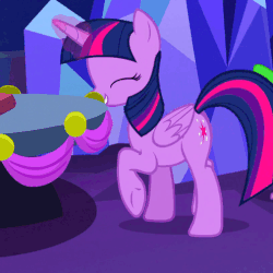 Size: 505x505 | Tagged: safe, screencap, spike, twilight sparkle, alicorn, dragon, pony, a hearth's warming tail, g4, animated, cropped, female, gif, happy, mare, solo focus, turning, twilight sparkle (alicorn), walking