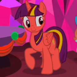 Size: 252x252 | Tagged: safe, color edit, edit, edited screencap, editor:watermelon changeling, screencap, spike, twilight sparkle, alicorn, dragon, pony, a hearth's warming tail, g4, animated, color cycling, colored, cropped, dancing, female, gif, happy, hue, loop, mare, party hard, solo focus, the club can't even handle me right now, turning, twilight sparkle (alicorn), wat