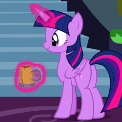 Size: 502x502 | Tagged: safe, screencap, twilight sparkle, alicorn, pony, a hearth's warming tail, g4, animated, blinking, cropped, cute, female, gif, happy, magic, mare, offscreen character, open mouth, profile, solo, tankard, telekinesis, toasting, turning, twiabetes, twilight sparkle (alicorn)
