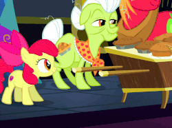Size: 741x551 | Tagged: safe, screencap, apple bloom, big macintosh, granny smith, starlight glimmer, earth pony, pony, unicorn, a hearth's warming tail, g4, adorabloom, animated, cute, eyes closed, female, filly, food, gif, happy, hopping, male, mare, pie, prancing, solo focus