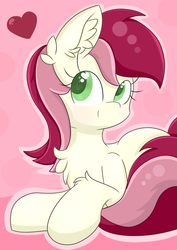 Size: 1280x1810 | Tagged: safe, artist:meowmavi, roseluck, earth pony, pony, g4, chest fluff, colored pupils, ear fluff, female, fluffy, heart, heart eyes, mare, pink background, simple background, solo, wingding eyes