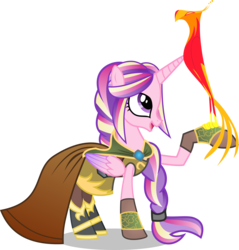 Size: 9000x9417 | Tagged: safe, artist:limedazzle, philomena, princess cadance, phoenix, pony, g4, absurd resolution, alternate hairstyle, braided ponytail, cape, clothes, open mouth, raised hoof, show accurate, simple background, transparent background, vector, zigs