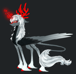 Size: 1866x1821 | Tagged: safe, artist:australian-senior, oc, oc only, oc:sybill invictus, oc:turret pony, alicorn, hybrid, kirin, pony, kirindos, alternate universe, antlers, colored hooves, colored sclera, crossover, gray background, kirin-ified, leonine tail, magic, oracle turret, ponified, portal (valve), portal 2, red eyes, redesign, simple background, sketch, solo, species swap, turret, unshorn fetlocks