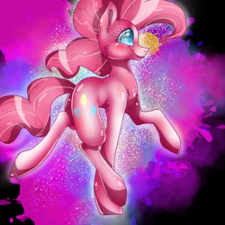 Size: 768x768 | Tagged: safe, artist:xharmany18, pinkie pie, earth pony, pony, g4, abstract background, blushing, female, solo, walking