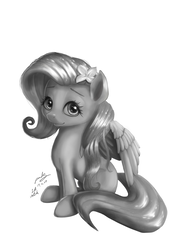 Size: 1880x2580 | Tagged: safe, artist:the-park, fluttershy, pegasus, pony, g4, female, flower, flower in hair, looking at you, monochrome, simple background, sitting, solo, white background, wings