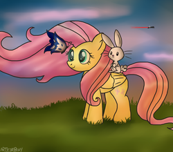 Size: 1629x1434 | Tagged: safe, artist:art3cakepony, angel bunny, fluttershy, rainbow dash, butterfly, g4, flying, twilight (astronomy), windswept mane